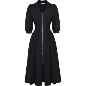 GRACE KARIN Women Fall Midi Dress 2025 A Line Smocked Work Dress Fit and Flare V Neck Zipper 3/4 Sleeve Dress Casual Pockets(Black)