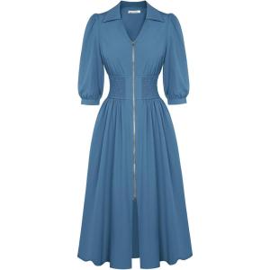 GRACE KARIN Women Fall Midi Dress 2025 A Line Smocked Work Dress Fit and Flare V Neck Zipper 3/4 Sleeve Dress Casual Pockets(Gray Blue)