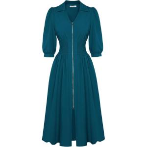 GRACE KARIN Women Fall Midi Dress 2025 A Line Smocked Work Dress Fit and Flare V Neck Zipper 3/4 Sleeve Dress Casual Pockets(Peacock Blue)
