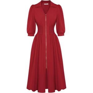 GRACE KARIN Women Fall Midi Dress 2025 A Line Smocked Work Dress Fit and Flare V Neck Zipper 3/4 Sleeve Dress Casual Pockets(Red)