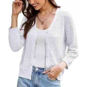 GRACE KARIN Women Lightweigt Crochet Knit Cardigan, 3/4 Sleeve Cropped Shrugs, Spring Button Down Sweaters Tops(White)