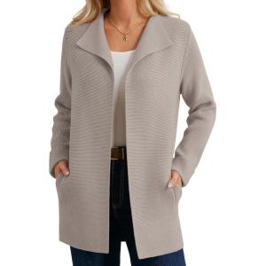 GRACE KARIN Women Long Cardigan Sweaters, Fall Chunky Sweater Jacket, Ribbed Knit Lapel Coatigan with Pockets(Beige)
