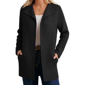 GRACE KARIN Women Long Cardigan Sweaters, Fall Chunky Sweater Jacket, Ribbed Knit Lapel Coatigan with Pockets(Black)