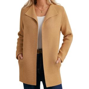 GRACE KARIN Women Long Cardigan Sweaters, Fall Chunky Sweater Jacket, Ribbed Knit Lapel Coatigan with Pockets(Brown)