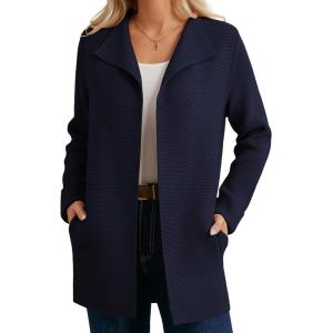 GRACE KARIN Women Long Cardigan Sweaters, Fall Chunky Sweater Jacket, Ribbed Knit Lapel Coatigan with Pockets(Navy Blue)