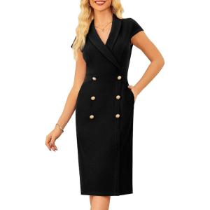 GRACE KARIN Women Work Bodycon Dresses 2026,Business Office Midi Cap Sleeve Button Pencil Formal Outfits with Pockets(Black)