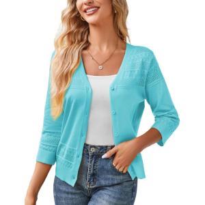 GRACE KARIN Women’s 2025 Cropped Cardigan 3/4 Sleeve Lightweight Crochet Shrug Hollowed-Out Knit Sweater Tops(Aqua Blue)