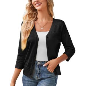 GRACE KARIN Women’s 2025 Cropped Cardigan 3/4 Sleeve Lightweight Crochet Shrug Hollowed-Out Knit Sweater Tops(Black)