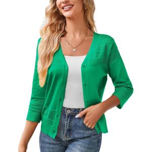 GRACE KARIN Women’s 2025 Cropped Cardigan 3/4 Sleeve Lightweight Crochet Shrug Hollowed-Out Knit Sweater Tops(Dark Green)
