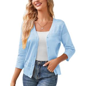 GRACE KARIN Women’s 2025 Cropped Cardigan 3/4 Sleeve Lightweight Crochet Shrug Hollowed-Out Knit Sweater Tops(Light Blue)