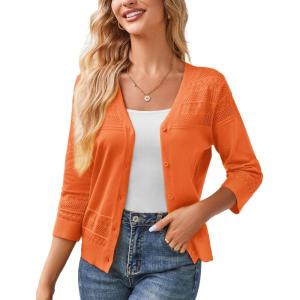 GRACE KARIN Women’s 2025 Cropped Cardigan 3/4 Sleeve Lightweight Crochet Shrug Hollowed-Out Knit Sweater Tops(Orange)