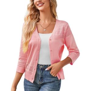 GRACE KARIN Women’s 2025 Cropped Cardigan 3/4 Sleeve Lightweight Crochet Shrug Hollowed-Out Knit Sweater Tops(Pink)