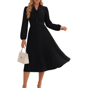 GRACE KARIN Womens 2025 Fall Long Sleeve Dress, Casual V Neck Pleated A Line Flowy Midi Dresses(Black)