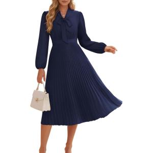 GRACE KARIN Womens 2025 Fall Long Sleeve Dress, Casual V Neck Pleated A Line Flowy Midi Dresses(Navy Blue)