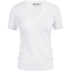 GRACE KARIN Womens 2026 Basic Summer Short Sleeve Cardigan Sweaters Lightweight V-Neck Button Down Cropped Shrug Sweater Tops(Bright White)