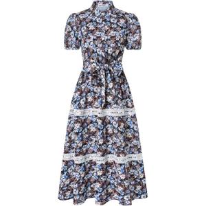 GRACE KARIN Women’s 2026 Summer Floral Flowy Dresses Boho Tie Belt Short Puff Sleeve A Line Maxi Shirt Dress with Pocket(Black Blue)