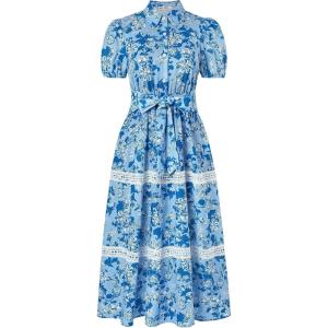 GRACE KARIN Women’s 2026 Summer Floral Flowy Dresses Boho Tie Belt Short Puff Sleeve A Line Maxi Shirt Dress with Pocket(Blue Floral)