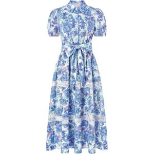 GRACE KARIN Women’s 2026 Summer Floral Flowy Dresses Boho Tie Belt Short Puff Sleeve A Line Maxi Shirt Dress with Pocket(Blue Pink)