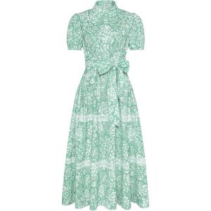 GRACE KARIN Women’s 2026 Summer Floral Flowy Dresses Boho Tie Belt Short Puff Sleeve A Line Maxi Shirt Dress with Pocket(Green White)