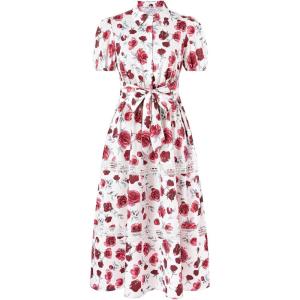 GRACE KARIN Women’s 2026 Summer Floral Flowy Dresses Boho Tie Belt Short Puff Sleeve A Line Maxi Shirt Dress with Pocket(Rose)
