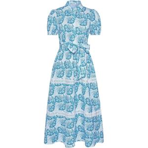 GRACE KARIN Women’s 2026 Summer Floral Flowy Dresses Boho Tie Belt Short Puff Sleeve A Line Maxi Shirt Dress with Pocket(White Blue)