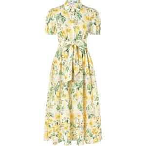 GRACE KARIN Women’s 2026 Summer Floral Flowy Dresses Boho Tie Belt Short Puff Sleeve A Line Maxi Shirt Dress with Pocket(Yellow Green)