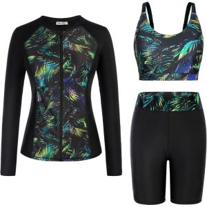 GRACE KARIN Women’s 3 Piece Rash Guard Built-in Bra Long Sleeve UV Sun Protection Swimsuit Zip up Swim Top Shirt Modest(Black)