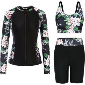 GRACE KARIN Women’s 3 Piece Rash Guard Built-in Bra Long Sleeve UV Sun Protection Swimsuit Zip up Swim Top Shirt Modest(Black-1)