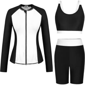 GRACE KARIN Women’s 3 Piece Rash Guard Built-in Bra Long Sleeve UV Sun Protection Swimsuit Zip up Swim Top Shirt Modest(Contrast-white)