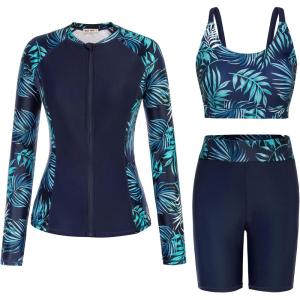 GRACE KARIN Women’s 3 Piece Rash Guard Built-in Bra Long Sleeve UV Sun Protection Swimsuit Zip up Swim Top Shirt Modest(Navy Blue)