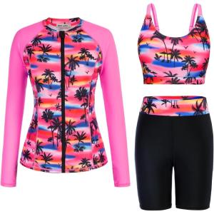GRACE KARIN Women’s 3 Piece Rash Guard Built-in Bra Long Sleeve UV Sun Protection Swimsuit Zip up Swim Top Shirt Modest(Rose Red)