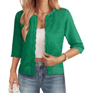 GRACE KARIN Women’s 3/4 Sleeve Cardigan, Lightweight Crochet Knit Sweater, Button up Crewneck Dressy Casual Shrugs(Green)