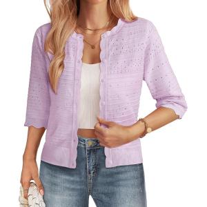 GRACE KARIN Women’s 3/4 Sleeve Cardigan, Lightweight Crochet Knit Sweater, Button up Crewneck Dressy Casual Shrugs(Light Purple)
