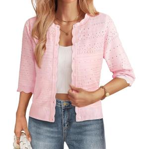 GRACE KARIN Women’s 3/4 Sleeve Cardigan, Lightweight Crochet Knit Sweater, Button up Crewneck Dressy Casual Shrugs(Pink)