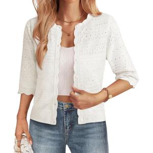 GRACE KARIN Women’s 3/4 Sleeve Cardigan, Lightweight Crochet Knit Sweater, Button up Crewneck Dressy Casual Shrugs(White)