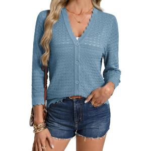 GRACE KARIN Women’s 3/4 Sleeve Cardigan Lightweight Hollowed Crochet Shrug Trendy Summer Sweaters for Casual Vacation(Blue Grey)