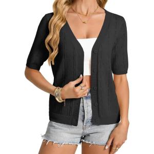 GRACE KARIN Womens Cardigan Sweaters Short Sleeve Summer Lightweight Crochet V Neck Cropped Knit Bolero Shrugs 2026(Black)