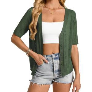 GRACE KARIN Womens Cardigan Sweaters Short Sleeve Summer Lightweight Crochet V Neck Cropped Knit Bolero Shrugs 2026(Green)