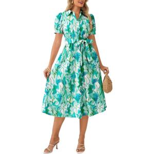 GRACE KARIN Womens Cotton Summer Boho Midi Dresses 2026 Puff Sleeve Shirt Dress Flowy Floral Wedding Guest Dress with Pocket(Blue Green)