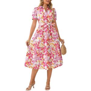GRACE KARIN Womens Cotton Summer Boho Midi Dresses 2026 Puff Sleeve Shirt Dress Flowy Floral Wedding Guest Dress with Pocket(Pink Purple)