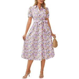 GRACE KARIN Womens Cotton Summer Boho Midi Dresses 2026 Puff Sleeve Shirt Dress Flowy Floral Wedding Guest Dress with Pocket(Pink Yellow)