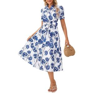 GRACE KARIN Womens Cotton Summer Boho Midi Dresses 2026 Puff Sleeve Shirt Dress Flowy Floral Wedding Guest Dress with Pocket(White Blue)