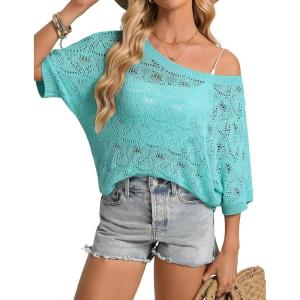 GRACE KARIN Womens Crochet Loose Sweater Short Sleeve Lightweight Summer Tops Off Shoulder Hollow Out Crewneck Pullover(Light Blue)