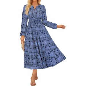 GRACE KARIN Womens Floral Maxi Dress 2026 Spring Wedding Guest Dress Long Sleeve V Neck Boho A Line Flowy Dresses with Pocket(Navy Blue)