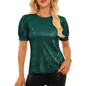 GRACE KARIN Womens Full Sequin Tops Sparkle Glitter Blouses Lantern Short Sleeve Shirts Dressy Party Concert Outfits(Dark Green)