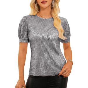 GRACE KARIN Womens Full Sequin Tops Sparkle Glitter Blouses Lantern Short Sleeve Shirts Dressy Party Concert Outfits(Silver Gray)