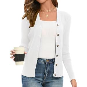 GRACE KARIN Women’s Long Sleeve V Neck Button Up Cardigan Sweater Trendy, Ribbed Knit Open Front Casual Jacket(Bright White)