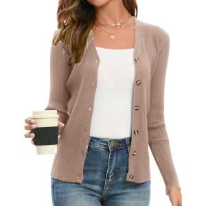 GRACE KARIN Women’s Long Sleeve V Neck Button Up Cardigan Sweater Trendy, Ribbed Knit Open Front Casual Jacket(Mid Khaki)