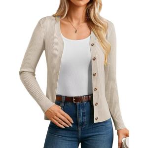 GRACE KARIN Women’s Long Sleeve V Neck Button Up Cardigan Sweater Trendy, Ribbed Knit Open Front Casual Jacket(Oatmeal)