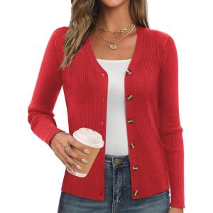 GRACE KARIN Women’s Long Sleeve V Neck Button Up Cardigan Sweater Trendy, Ribbed Knit Open Front Casual Jacket(Red)